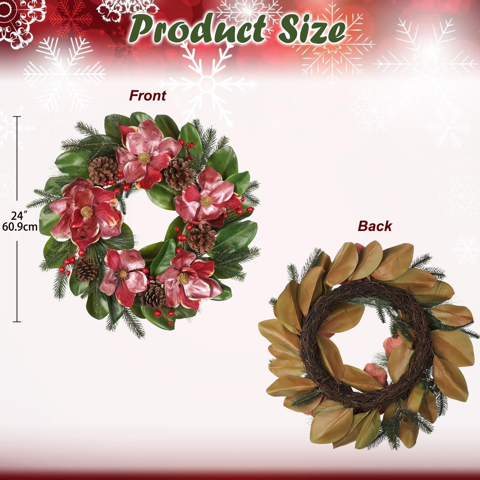 61 cm Künstlicher Magnolien-Weihnachtskranz Großer Weihnachtskranz Deko mit Magnolienblüten, Tannenzweigen und Tannenzapfen für Zuhause, Wand, Fenster, Weihnachtsdekoration für drinnen und draußen