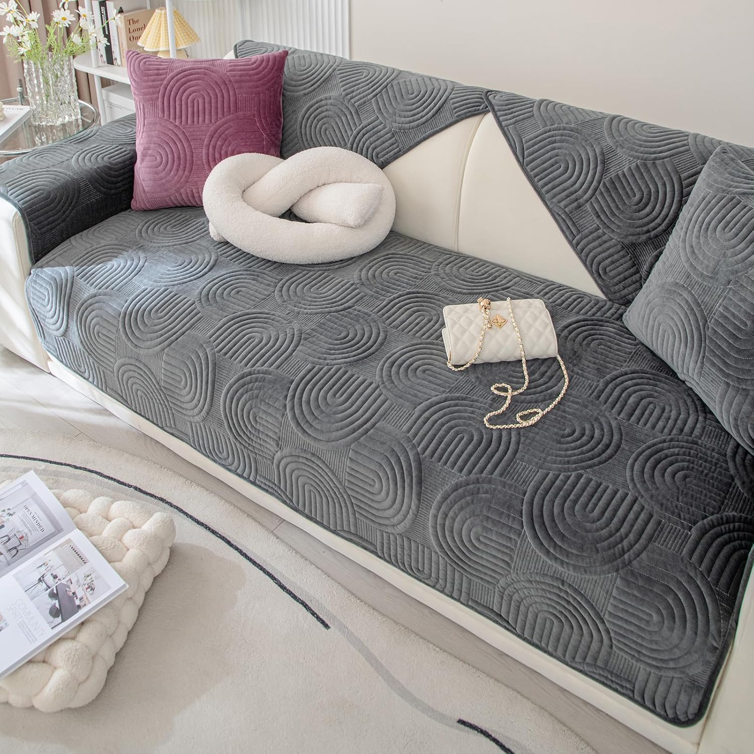 Soft Plush Geometric Quilted Couch Sofa Cover Boho Non Slip Fuzzy Sectional Couch Cover Solid Color Washable Sofa Slipcover Furniture Protector for Kids Dogs Cats (Dark Grey,28"x59")