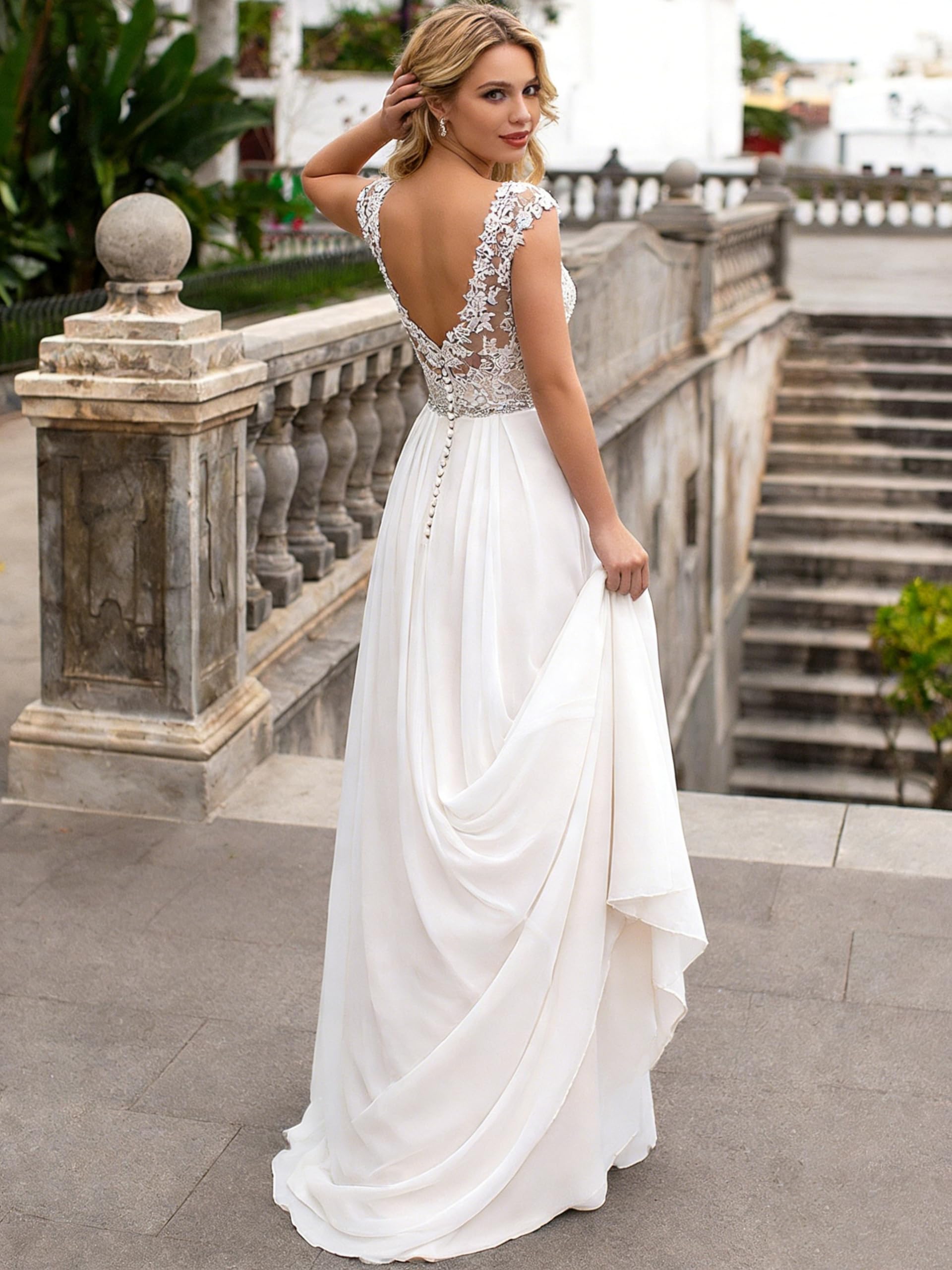 HUINI Damen Brautkleider Lang Prinzessin Hochzeitskleider Standesamtliche Chiffon A-Linie Brautmode Glitzer Vintage Brautkleider