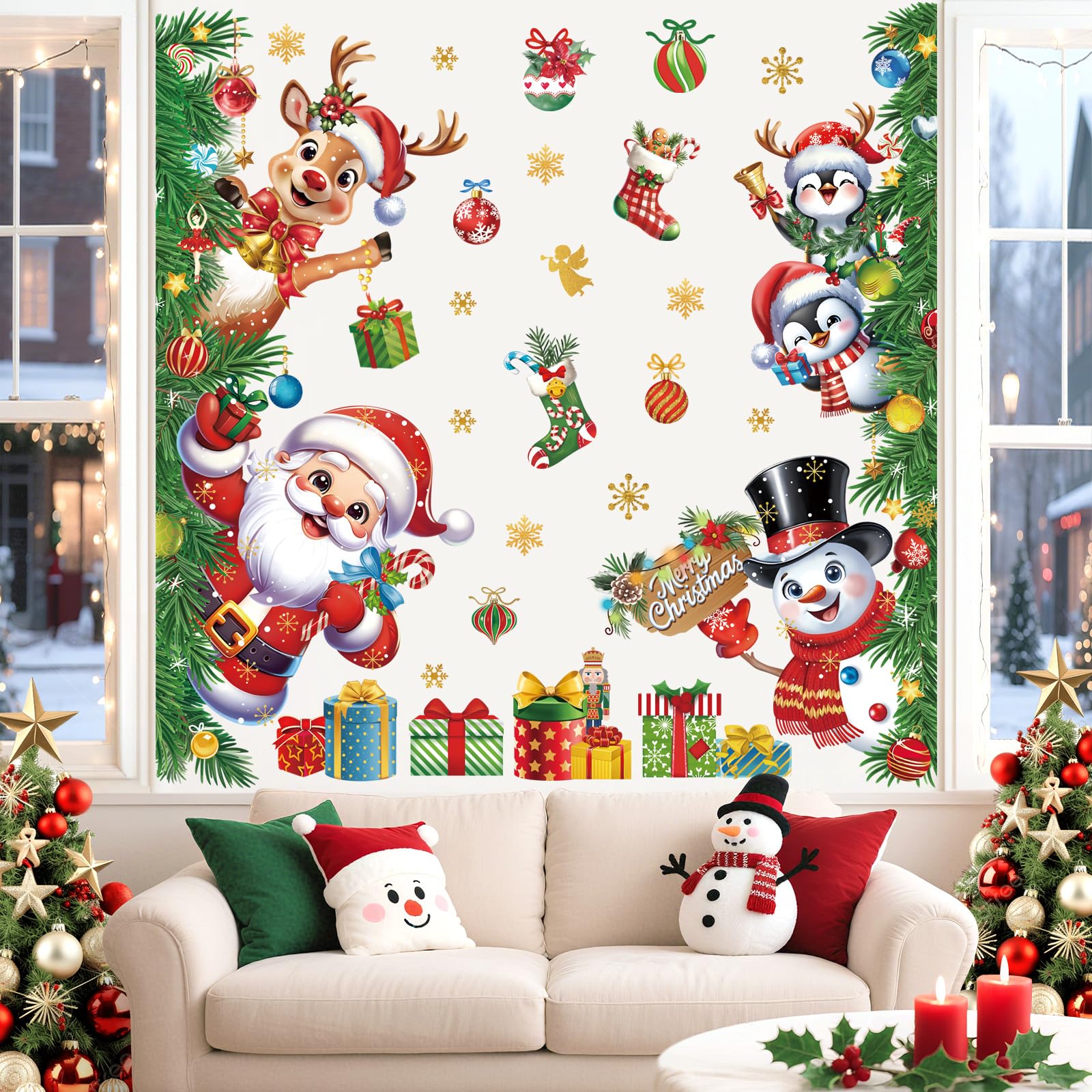 wondever 3D Christmas Santa Claus Wall Decals Reindeer Xmas Wall Stickers
