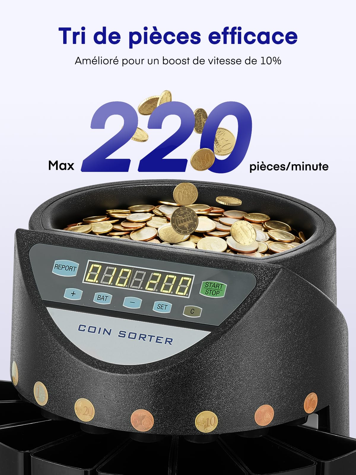 Compteuse de Pièces Euro, Trieuse Monnaie 800 Pièces, Machine à Compter avec 8 Bacs, Noir