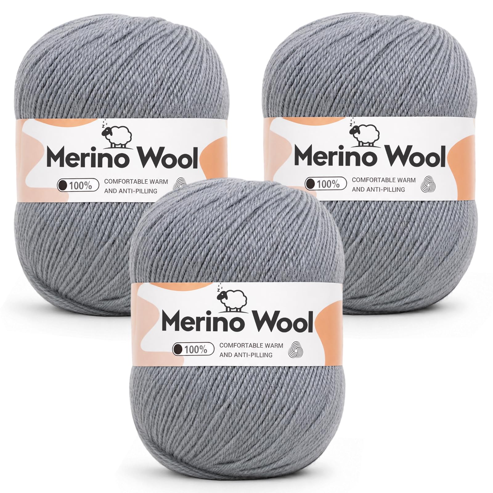 Aeelike Merino Wool Yarn for Knitting and Crochet, 3x100g, Grey