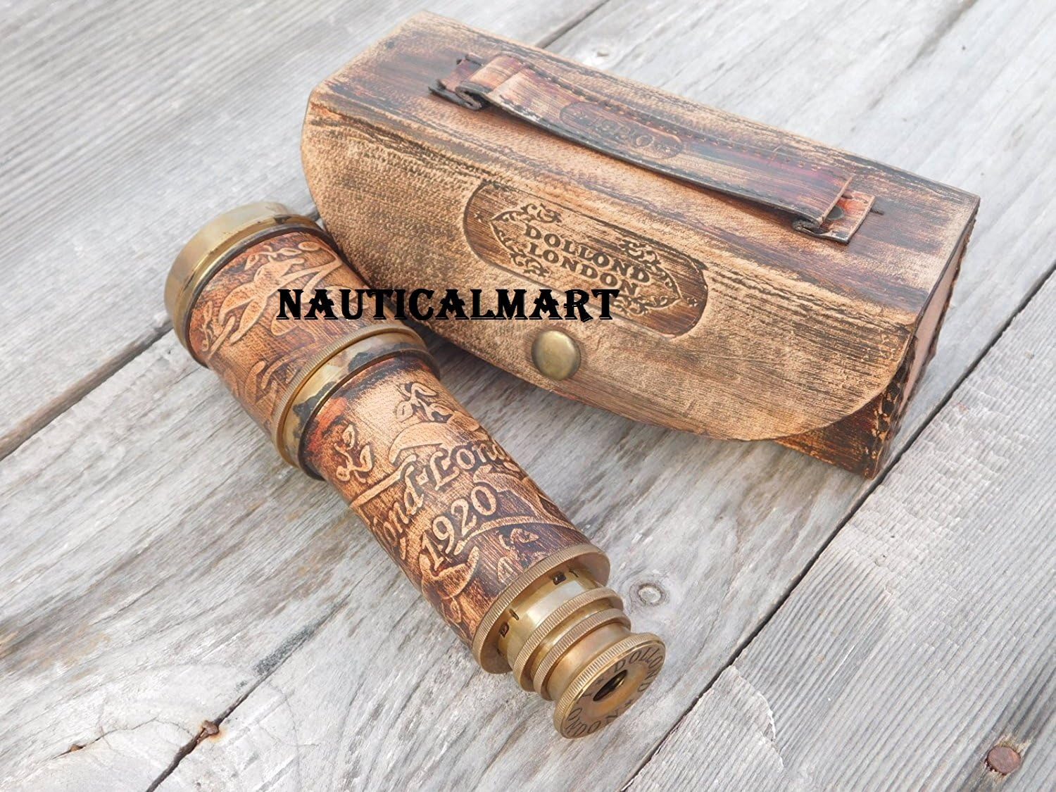 Brass Engraved Telescope 16" With Stamped Leather Case