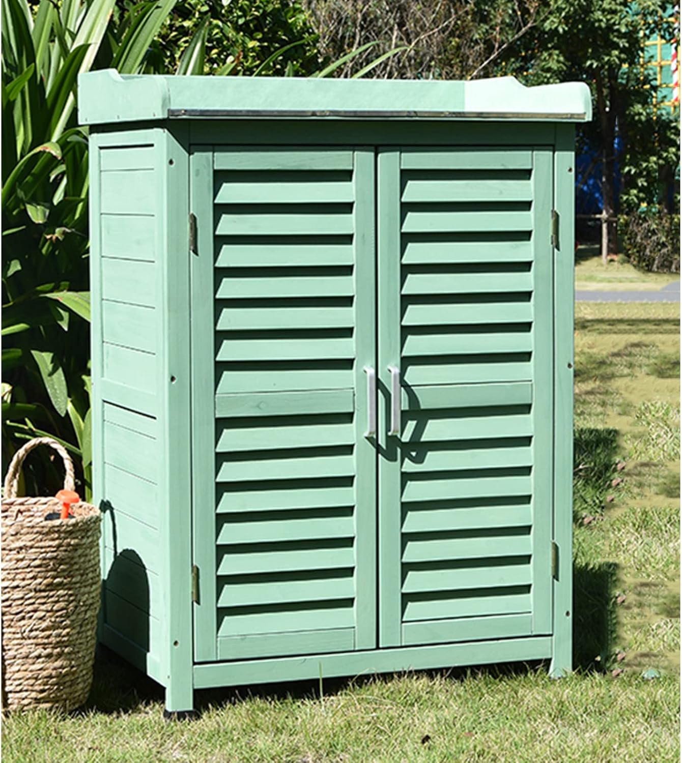 Outdoor Potting Bench with Metal Tabletop, Double Doors Garden Potting Table with Adjustable Shelf, Wooden Planting Table Potting Stand for Backyard, Patio, Law