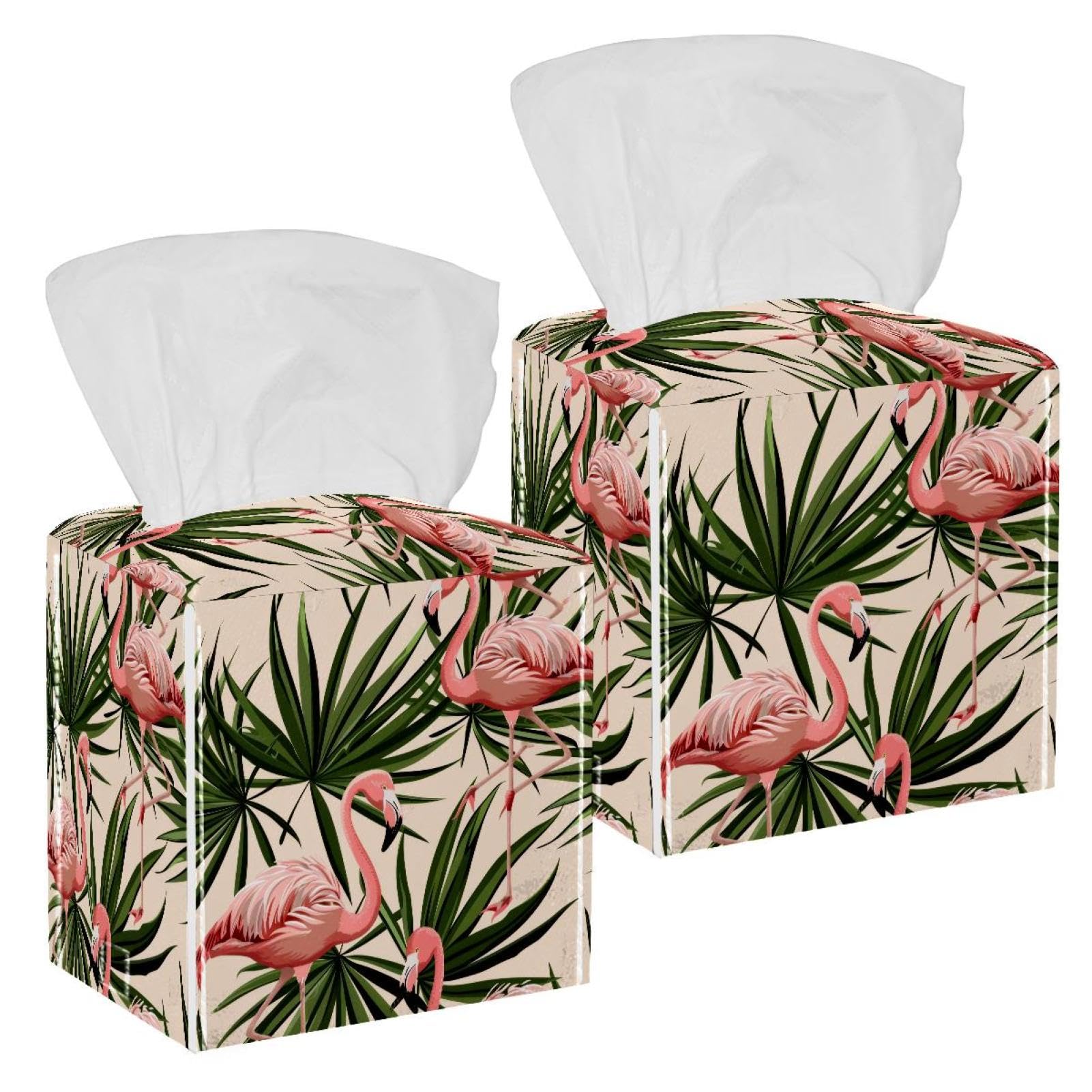 Flamingo Tissue Box Cover, 2 Pack PU Leather Square Facial Tissue Dispenser Box holder for Home Office Car