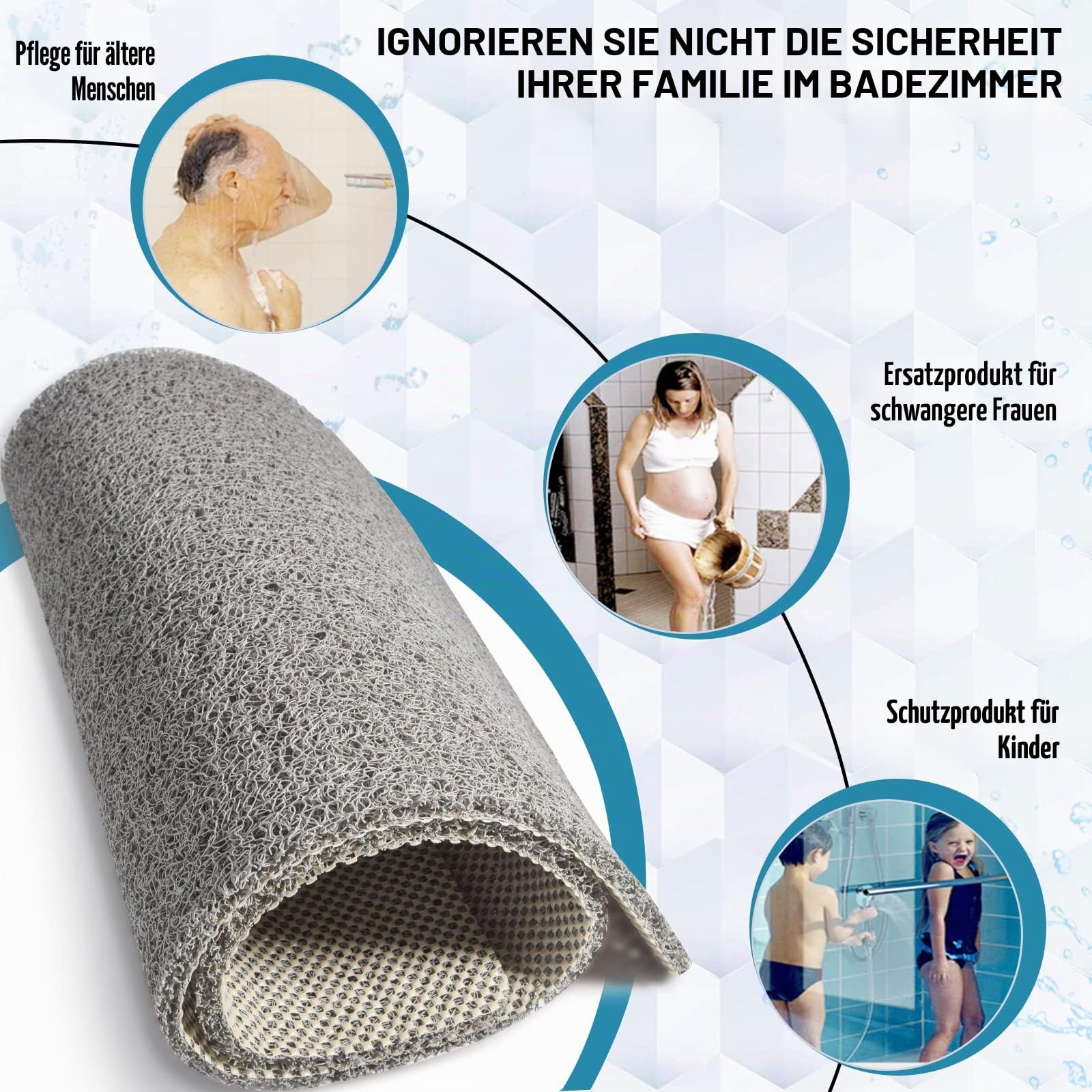 Extra große Duschmatten, rutschfest, ohne Saugnäpfe, 50 x 120 cm, Badematte für strukturierte Wannenoberfläche, Luffa-Matten für Dusche und Badezimmer, schnell trocknend, Grau