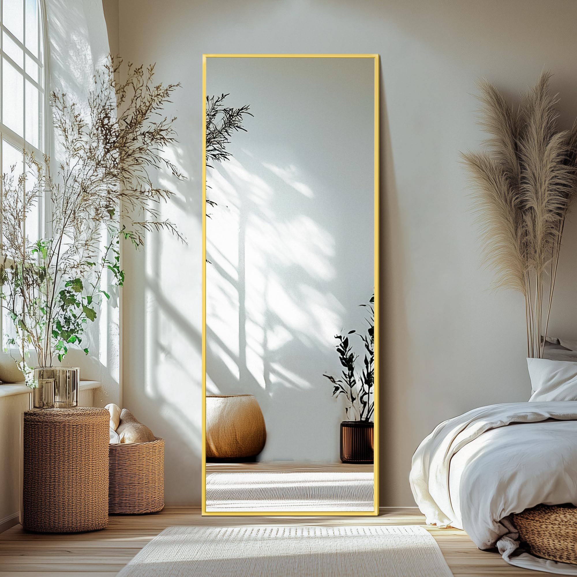 Delma Full Length Standing Mirror,Large Floor Mirror with Aluminum Frame for Bedroom, Bathroom, Living Room,Wall Mount or Freestanding Design(with Stand,Rect 69x24-Gold)