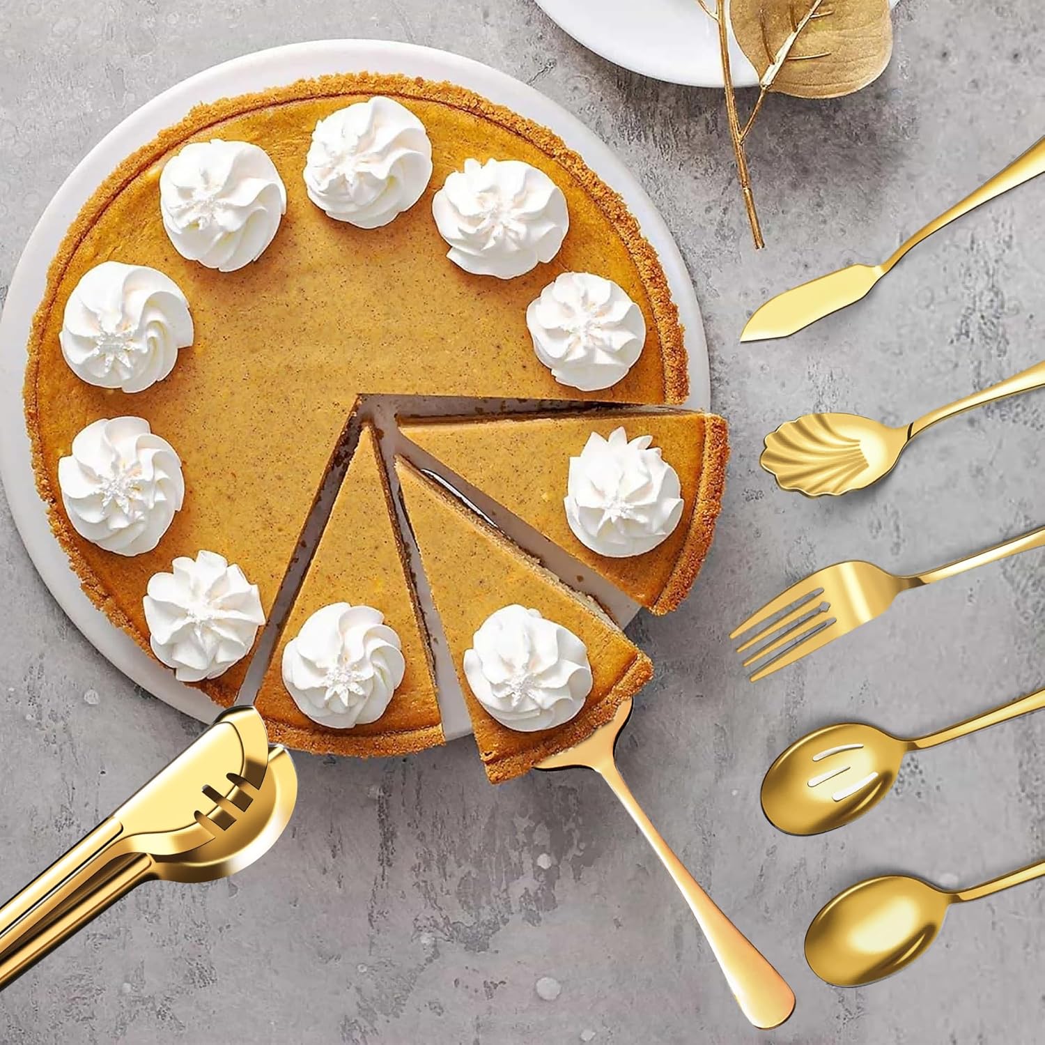 Serving Utensils Set for Buffet, 18 Pack Stainless Steel Serveware, Large Spoons, Slotted Spoon, Forks, Tongs, Butter Knife, Shell Spoons, Soup Ladle, Pie Server, for Party Festival Family, Gold
