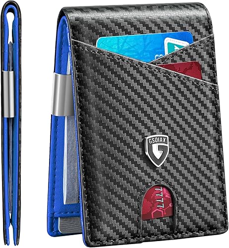 GSOIAX Billeteras para hombre con bloqueo RFID, delgadas y plegables para hombre, minimalista, cuero auténtico, fibra de carbono, clip para dinero