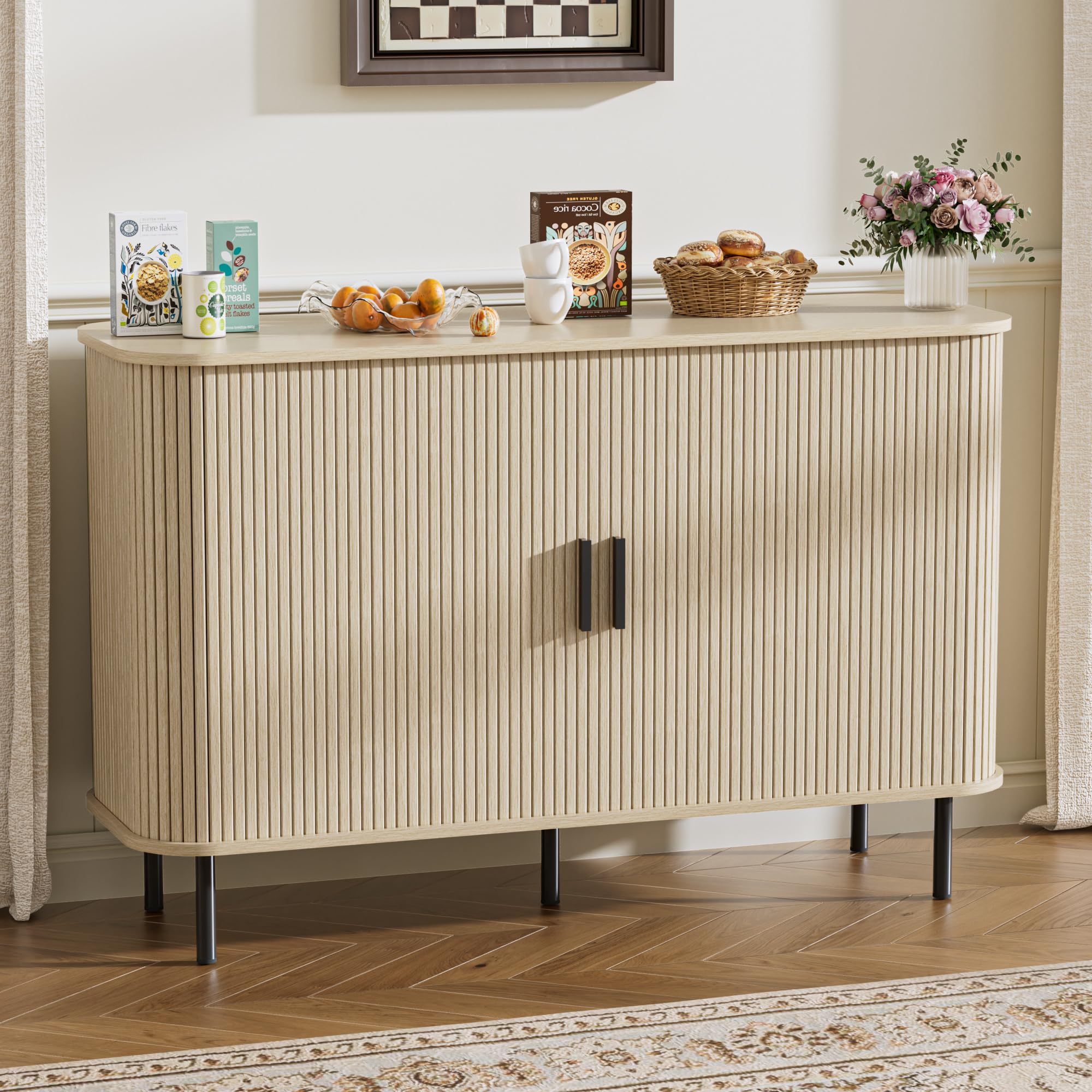 BonVache Sideboard Cabinet, Buffet Storage Cabinet, Kitchen Cupboard with Tambour Sliding Door, Storage Unit for Living Room Home Dinning Room Modern,Beige