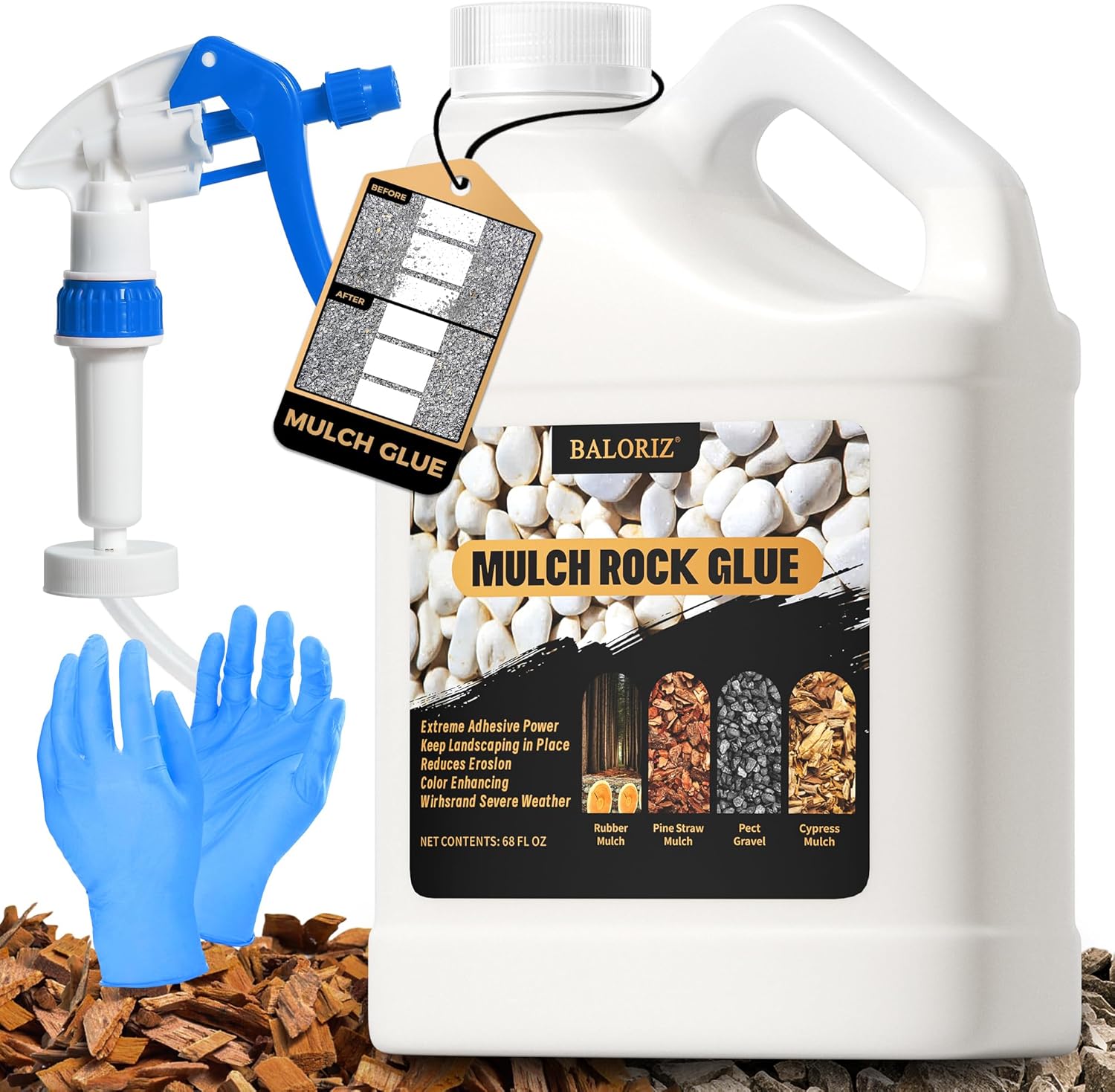 Mulch Glue - 68oz Mulch and Rock Glues for Landscaping, Pea Gravel & Bark, Strong Stabilizing Gravel Glue with Applicator Ready to Use Mulches Glues for Rocks Locking Most Mulches