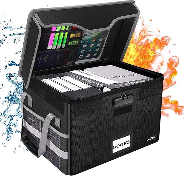 File Storage Box Fireproof Document Organiser with Lid Collapsible Filing Cabinets Box with Lock for Home Office Keeping Important Working Paper Certificate Contracts Bills Souvenirs Books