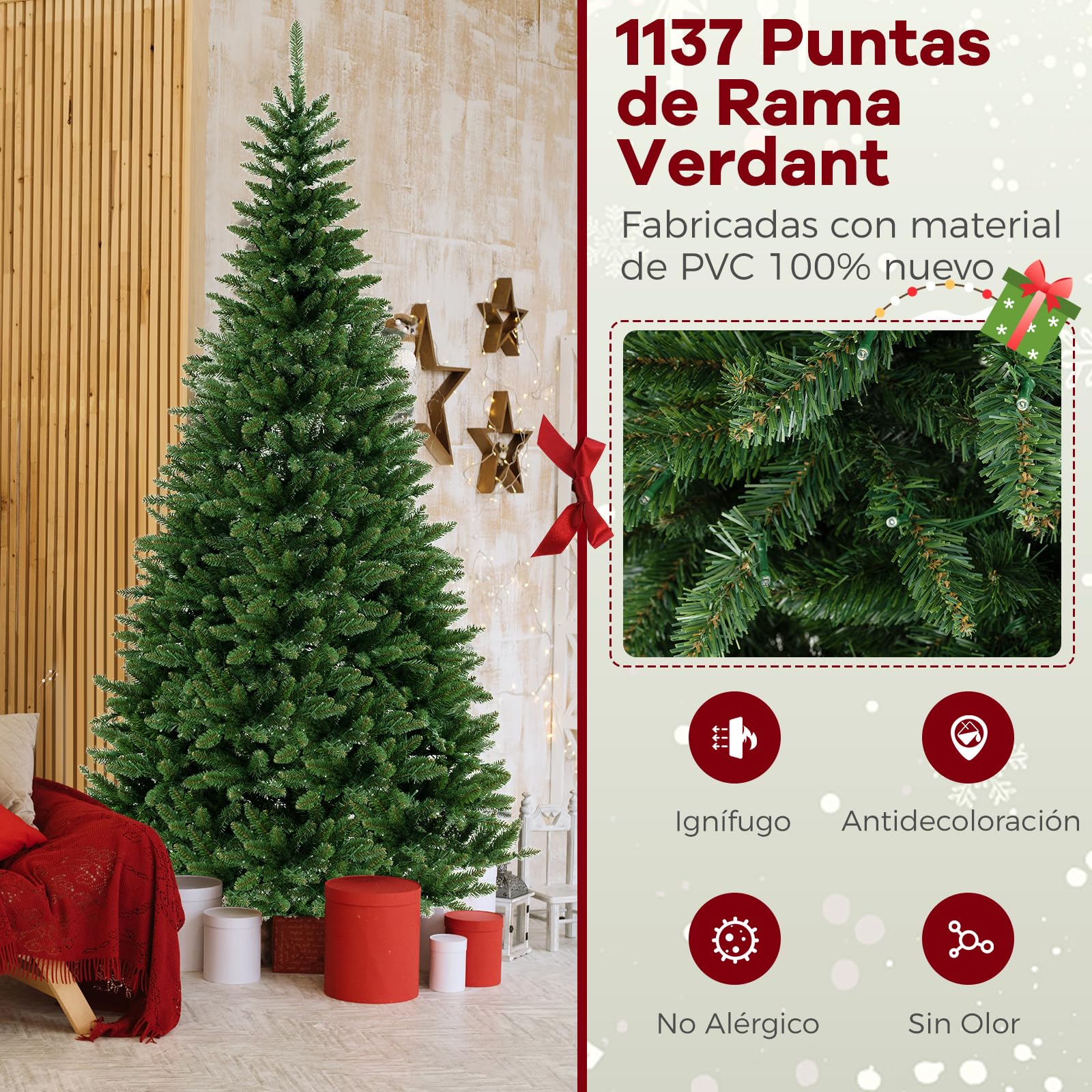 COSTWAY Árbol de Navidad Artificial Verde 240 cm, arbol de Navidad con Luces Incorporadas, 1137 Ramas de PVC, 360 Luces LED, 270° de Esquina, Arvore de Natal Hogar Oficina Fiesta