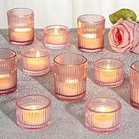 SUPMIND 24 Pack Pink Ribbed Glass Votive Candle Holders Bulk - Tea Light Holders for Weddings, Parties, Baby Showers, Home Decor Table Centerpieces