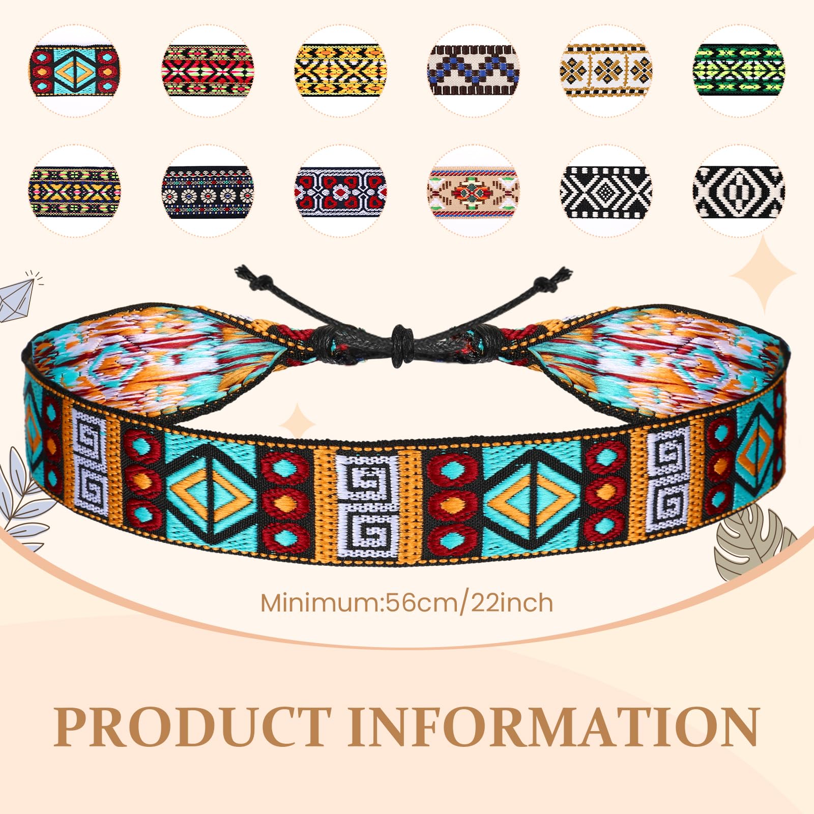 6564 12 Pcs Boho Hat Bands For Women Cowboy Fedora Stretchable Turquoise Western Style Hat Band, Adjustable Cowboy Hat  main image 4