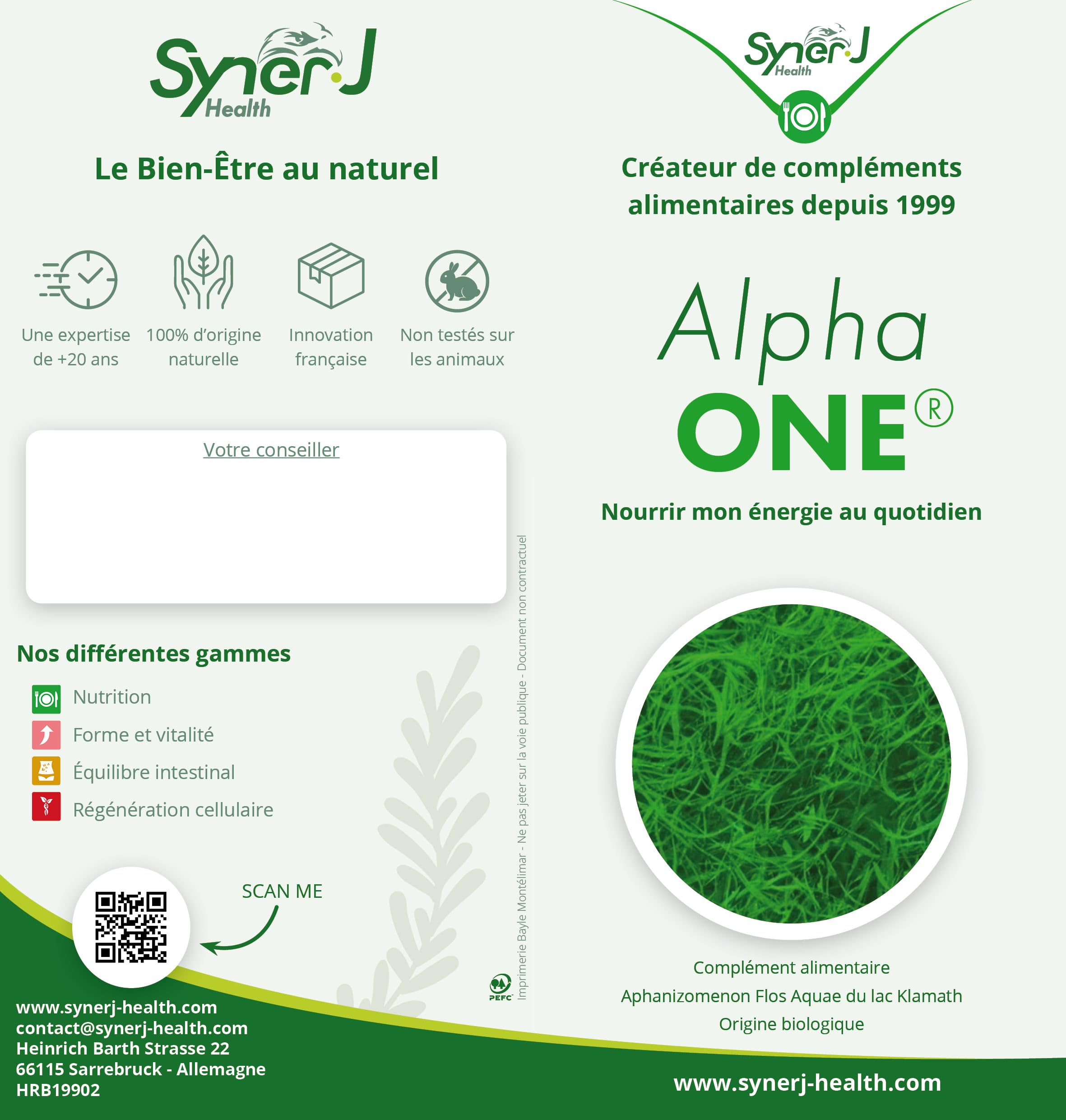 AlphaONE | Algue AFA Klamath 100% Pure | Vitalité, Humeur, Détox | Bioactive Dehydration® | SynerJ Health (90 gélules)
