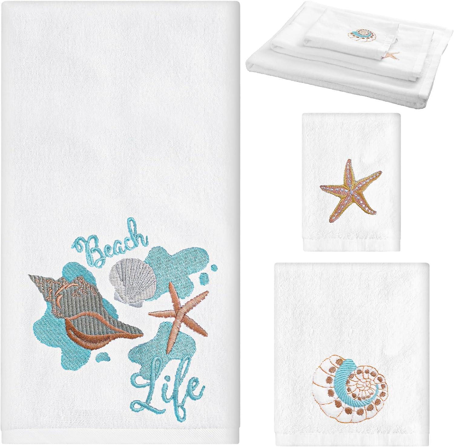 Peryiter 3 Pcs Beach Hand Towels for Bathroom Cotton Embroidered 1 Bath Towel 1 Hand Towel and 1 Wash Cloth Absorbent Bath Sheets for Bathroom Decor(White,Shells)