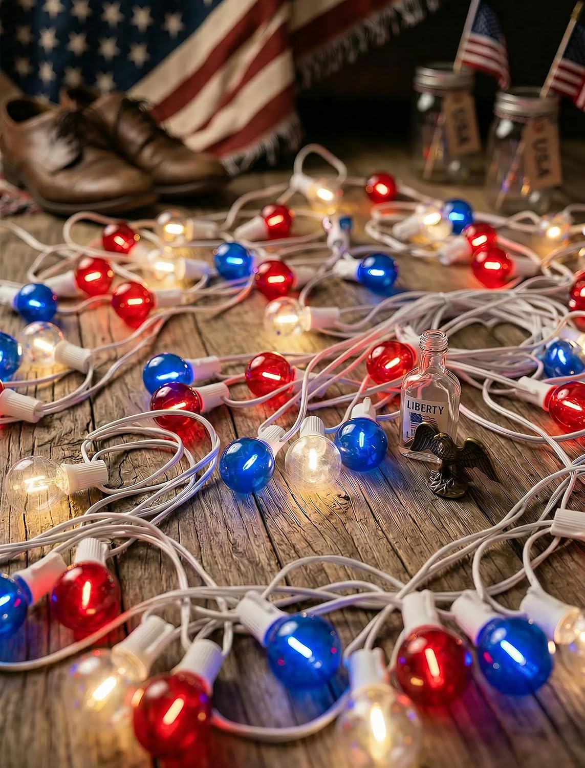 25Ft Independence Day LED String Lights, Waterproof Patio Light with 25 G40 LED Clear/Red/Blue Bulbs, Connectable Hanging Independence Day String Lights for Indoor Outdoor Garden Backyard Porch