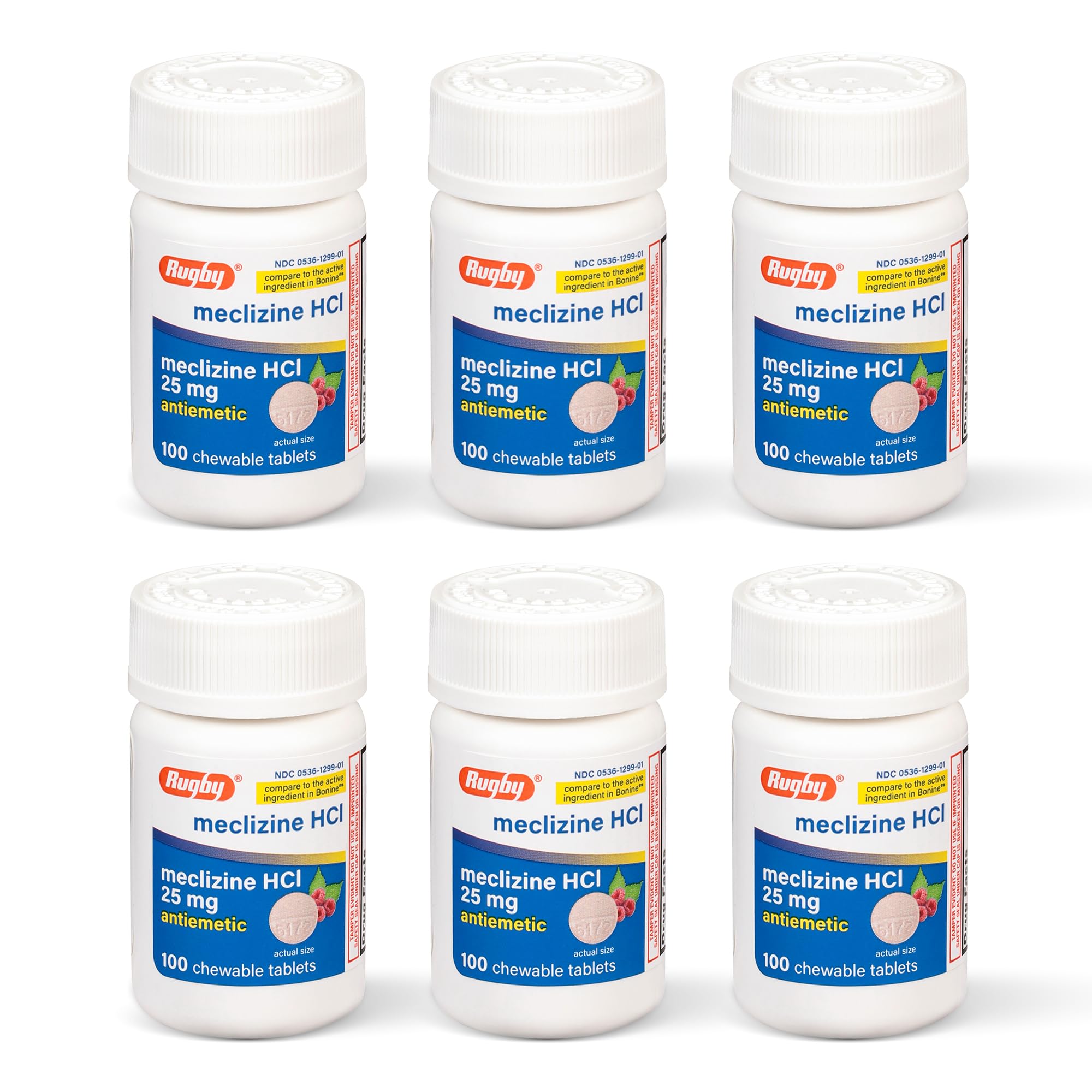 Rugby Meclizine Chewable Tablets 25mg - Anti-Nausea Medicine Helps with Motion Sickness - 100 Count (6 Pack)