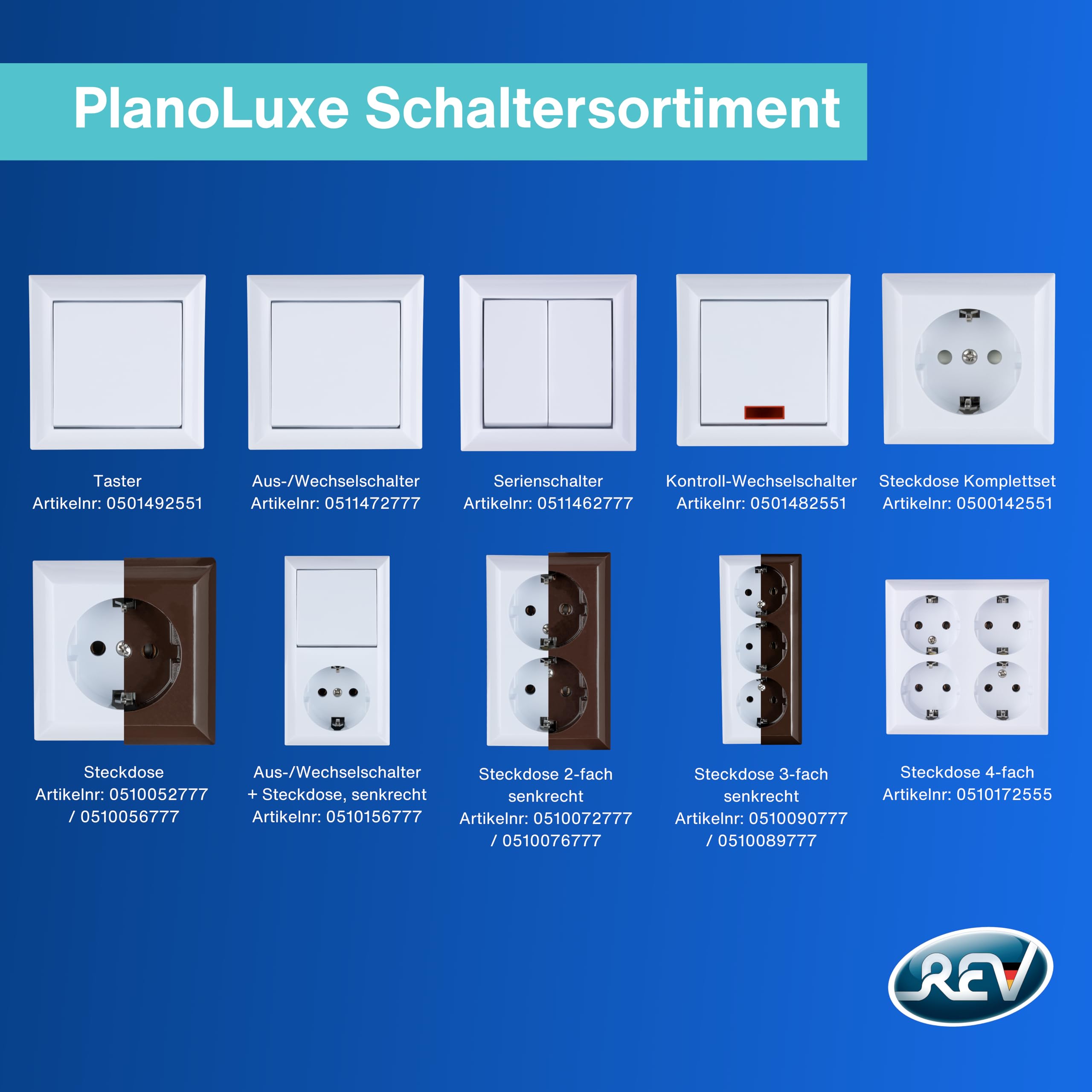 REV PlanoLuxe Sparset - Juego de enchufes (10 unidades, con interruptor A/W), color blanco