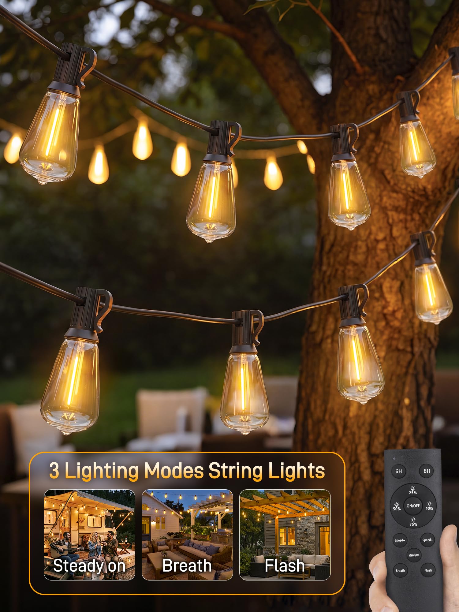 Guirlande lumineuse d'extérieur à intensité variable avec télécommande, 30,5 m avec 2 minuteries et 3 modes, lumières de terrasse étanches et incassables, 2 200 K, 3 ampoules de rechange pour patio et
