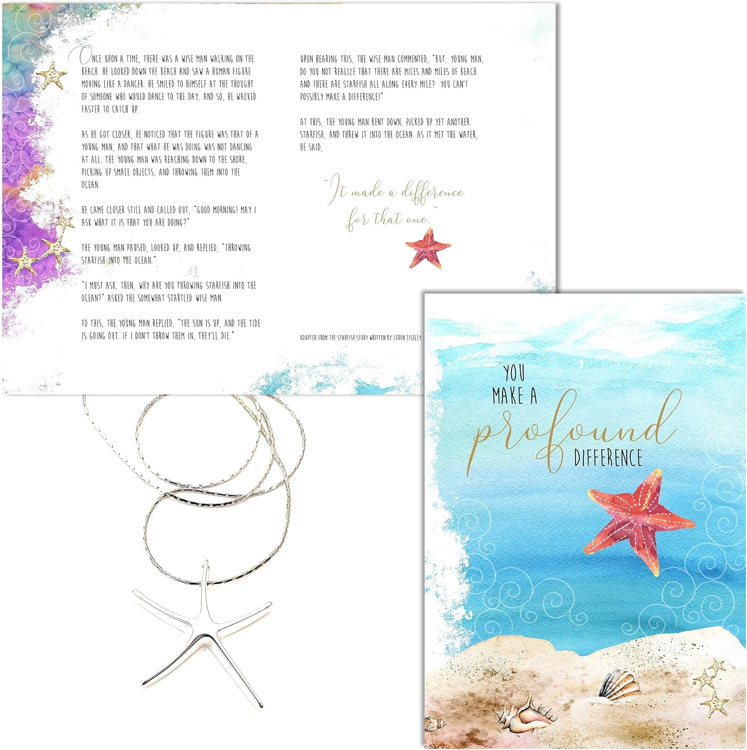 Smiling Wisdom Starfish Story You Make A Profound Difference Greeting Card | Starfish Necklace Gift Set - Women (Simple Starfish)