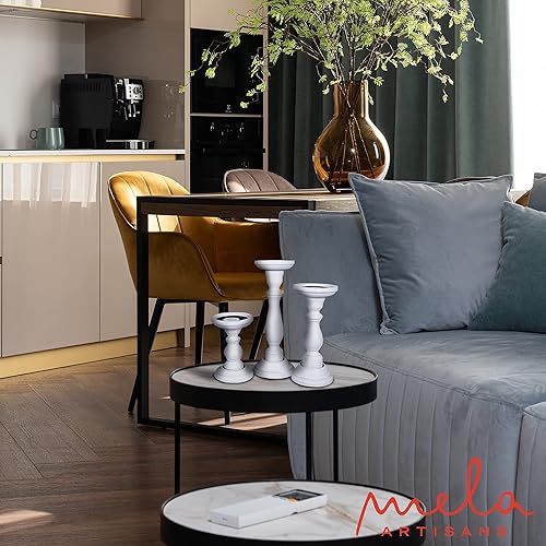 Miniatura 4 de Mela Artisans Portavelas de pilar de madera Diseño Tuli Juego de 3 candelabros de madera de mango Blanco mate Tamaños de 6 pulgadas y 9 pulgadas