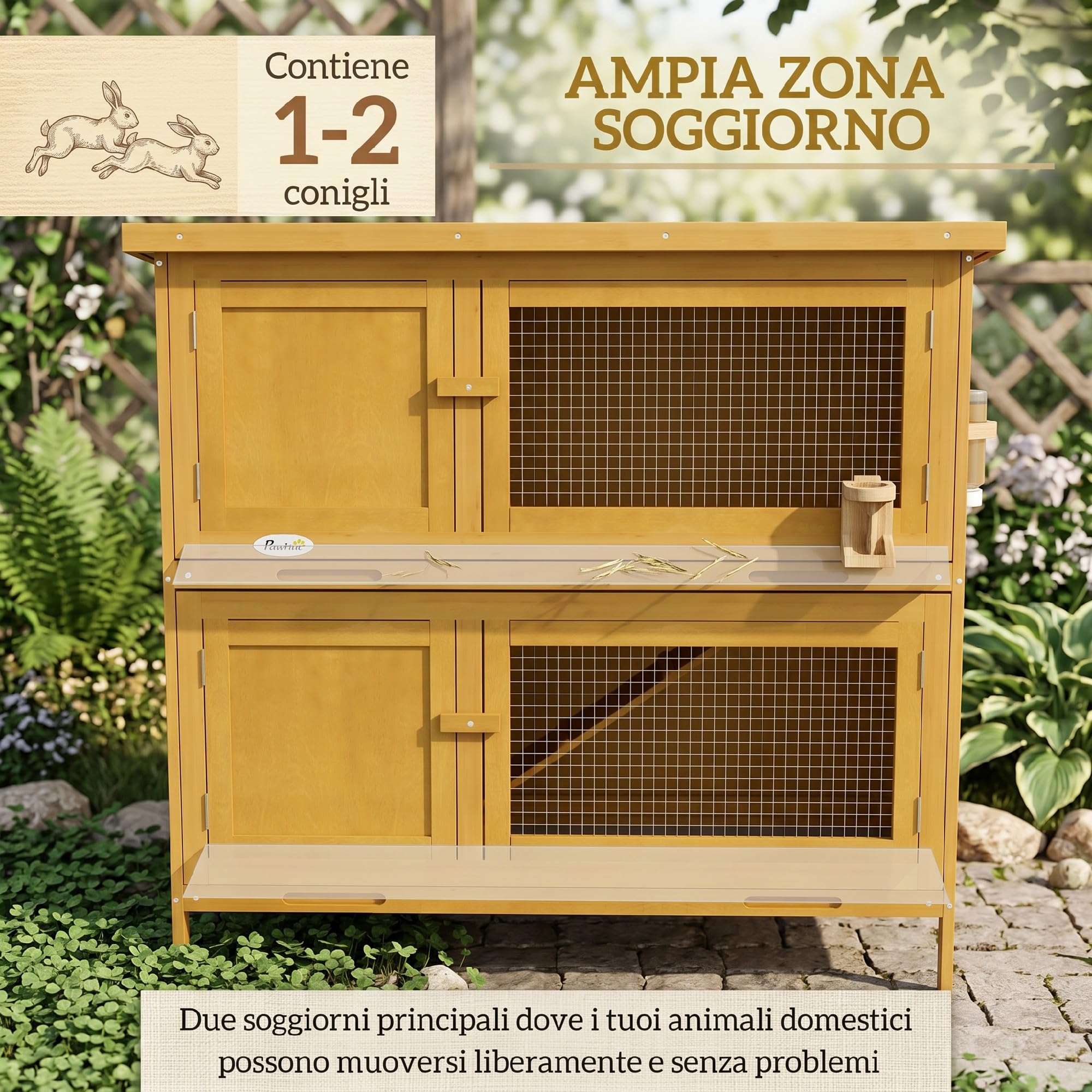 PawHut Conigliera da Esterno a 2 Livelli con Rampa Antiscivolo, 2 Vassoi Estraibili e 4 Porte con Serratura, Conigliera in Abete e Tetto in Bitume, 97x44x91 cm, Giallo