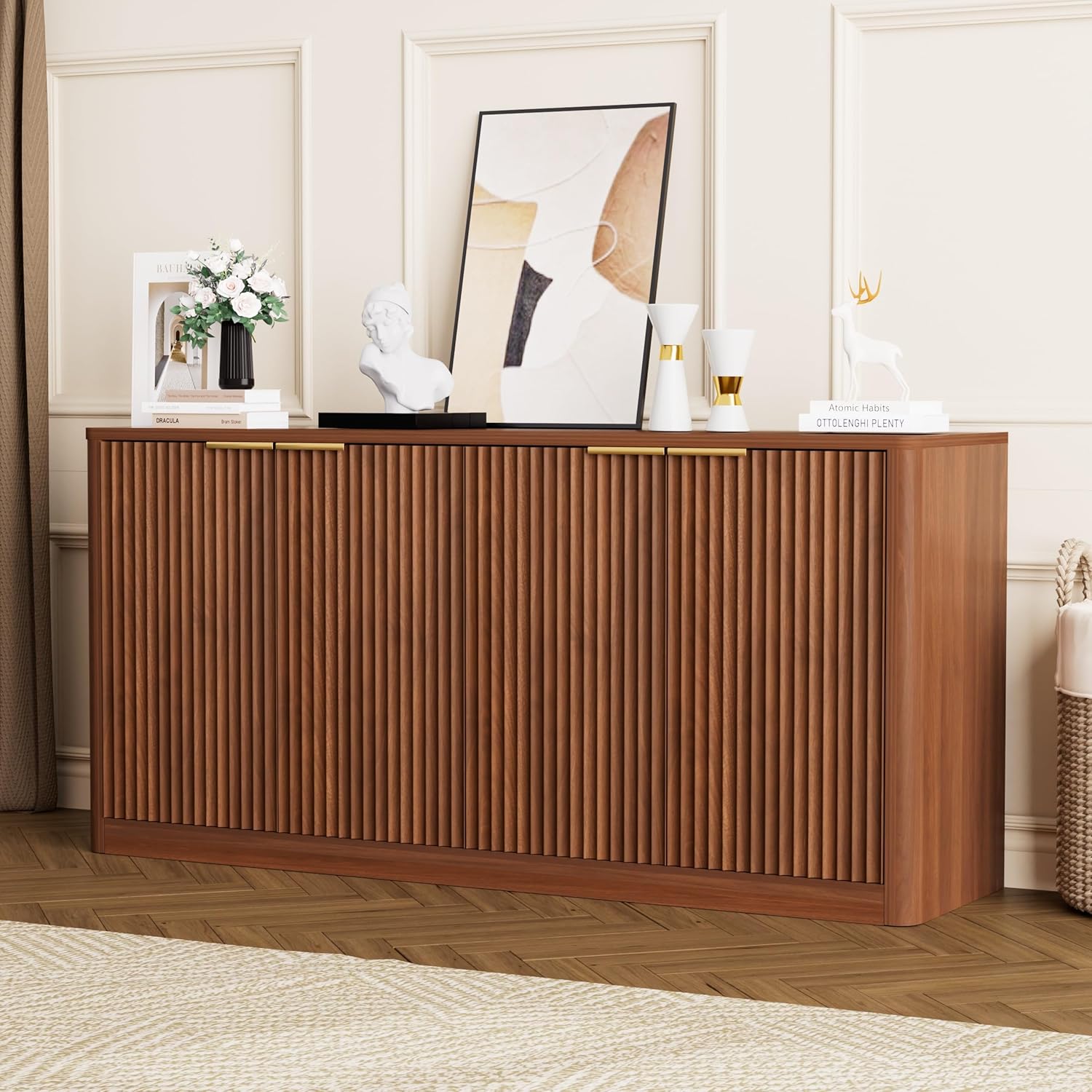 Fluted Sideboard Buffet Cabinet with Storage, 59'' Walnut Long Kitchen Sideboard with 4 Doors, Modern Coffee Bar Cabinet for Dining Room, Large Buffet Server with Curved Edge for Pantry,Living Room