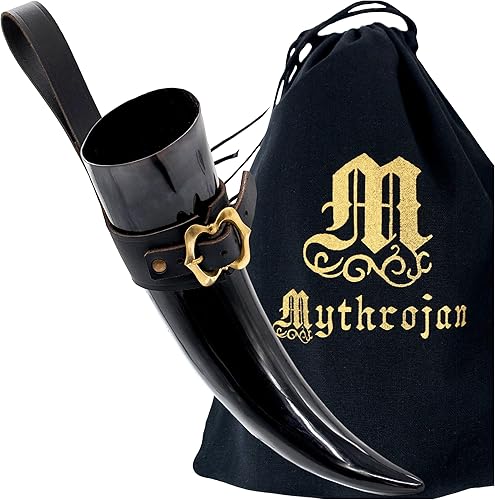 Vista 27 de Mythrojan Cuerno vikingo para beber 100% natural, auténtico, decoración de latón, cuerno nórdico con funda de cuero negro, bolsa de lona para vino