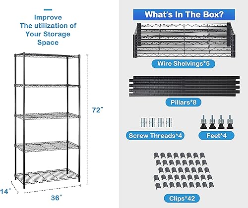 Miniatura 3 de Estantes de almacenamiento de 5 niveles, estantería de alambre de 14 pulgadas de profundidad y 36 pulgadas de ancho, capacidad de 250 libras por