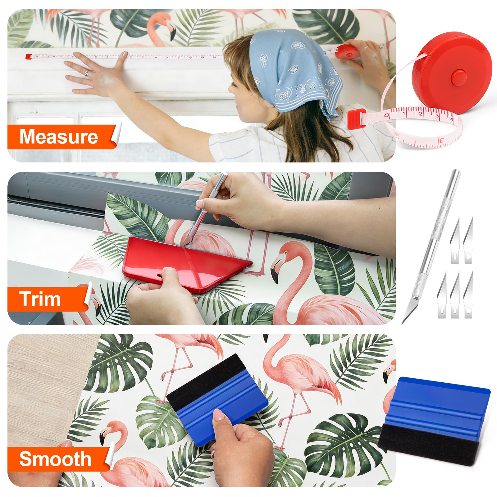 WRAPXPERT Herramientas de papel pintado, kits de herramientas de alisado de papel pintado, kit de instalación de papel tapiz de despegar y pegar para aplicación suave de papel de contacto, azulejos de