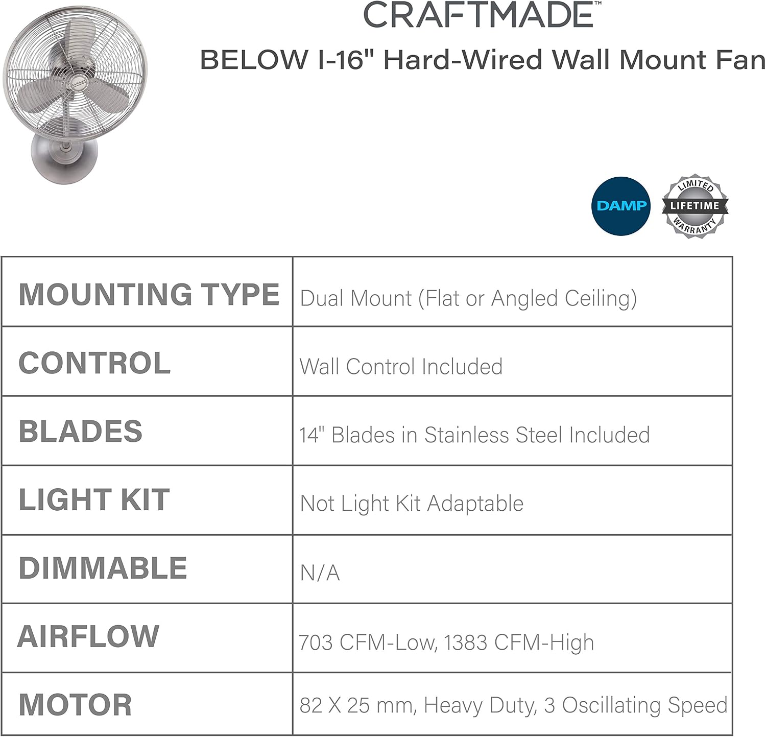 Craftmade - Bellows I 16 in. Indoor 3-Speed Oscillating Brushed Polished Nickel Wall Mount Fan, Plugged in or Hardwired Use