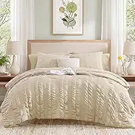 CASAAGUSTO Full Size Comforter Set, 7 Pieces Beige Seersucker Bed in a Bag Full Size Soft All Seasons, Bedding Sets with Comforter, Flat Sheet, Fitted Sheet, 2 Pillow Shams, 2 Pillowcases