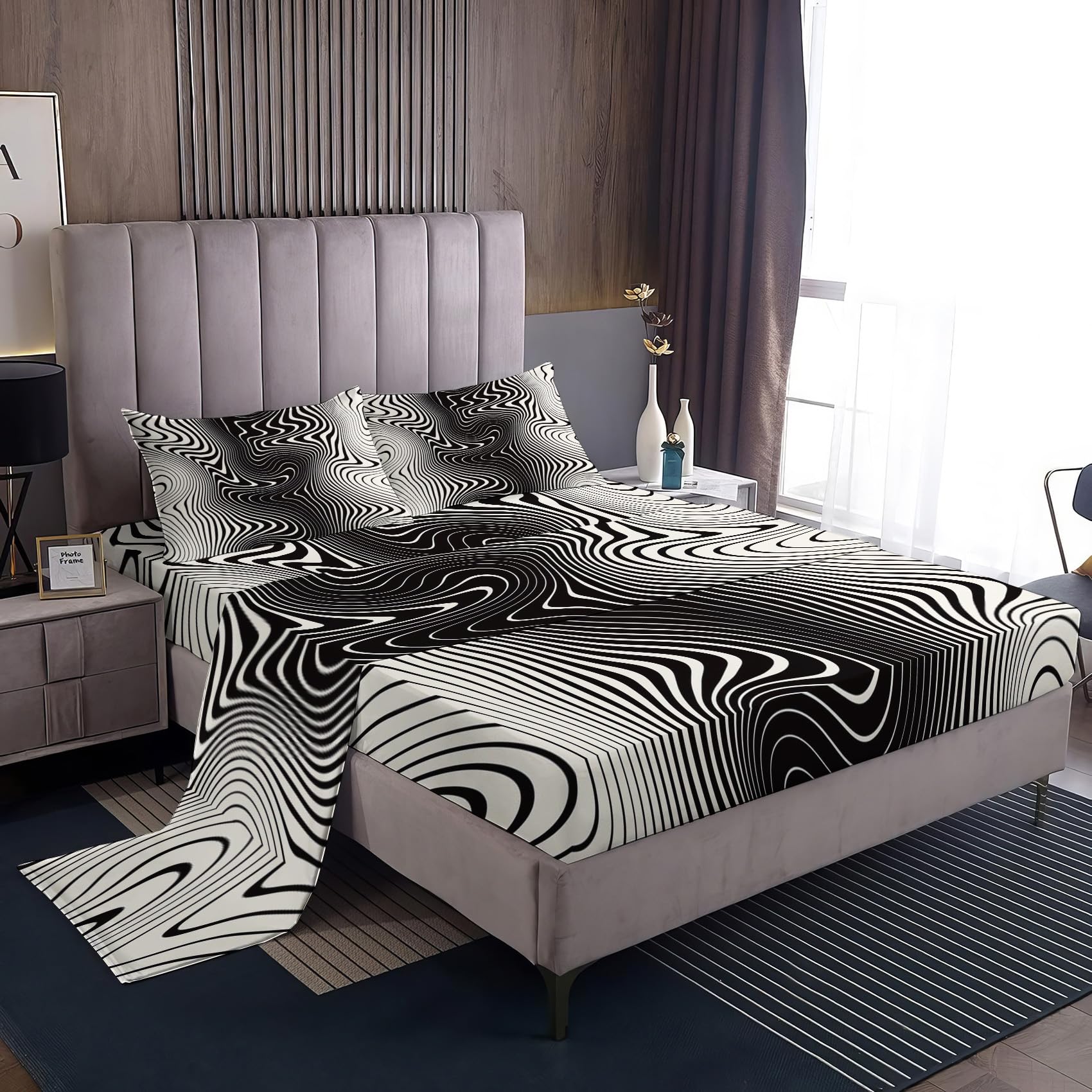 Zvynqour Psychedelic Bed Sheets King Size - Illusion Sheet Set - Deep Pocket Fitted Sheets & Flat Sheet & Pillowcases 4 Piece - Optical Bedding & Decor - Soft Brushed Microfibe