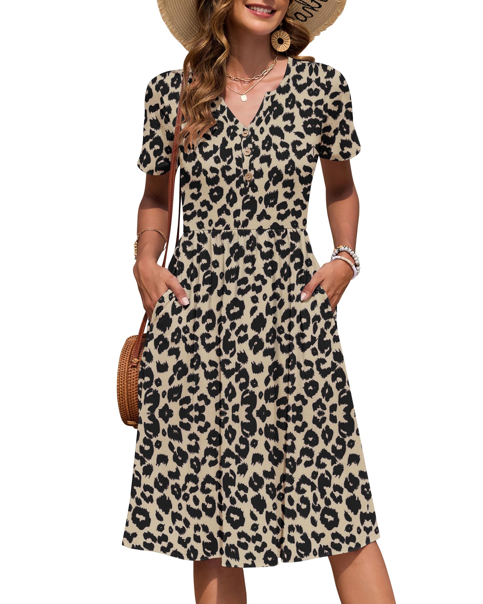 Auselily Women's Leopard Summer Short Sleeve Midi Dresses V Neck Empire Button Knee Length Dress With Pockets Xxl