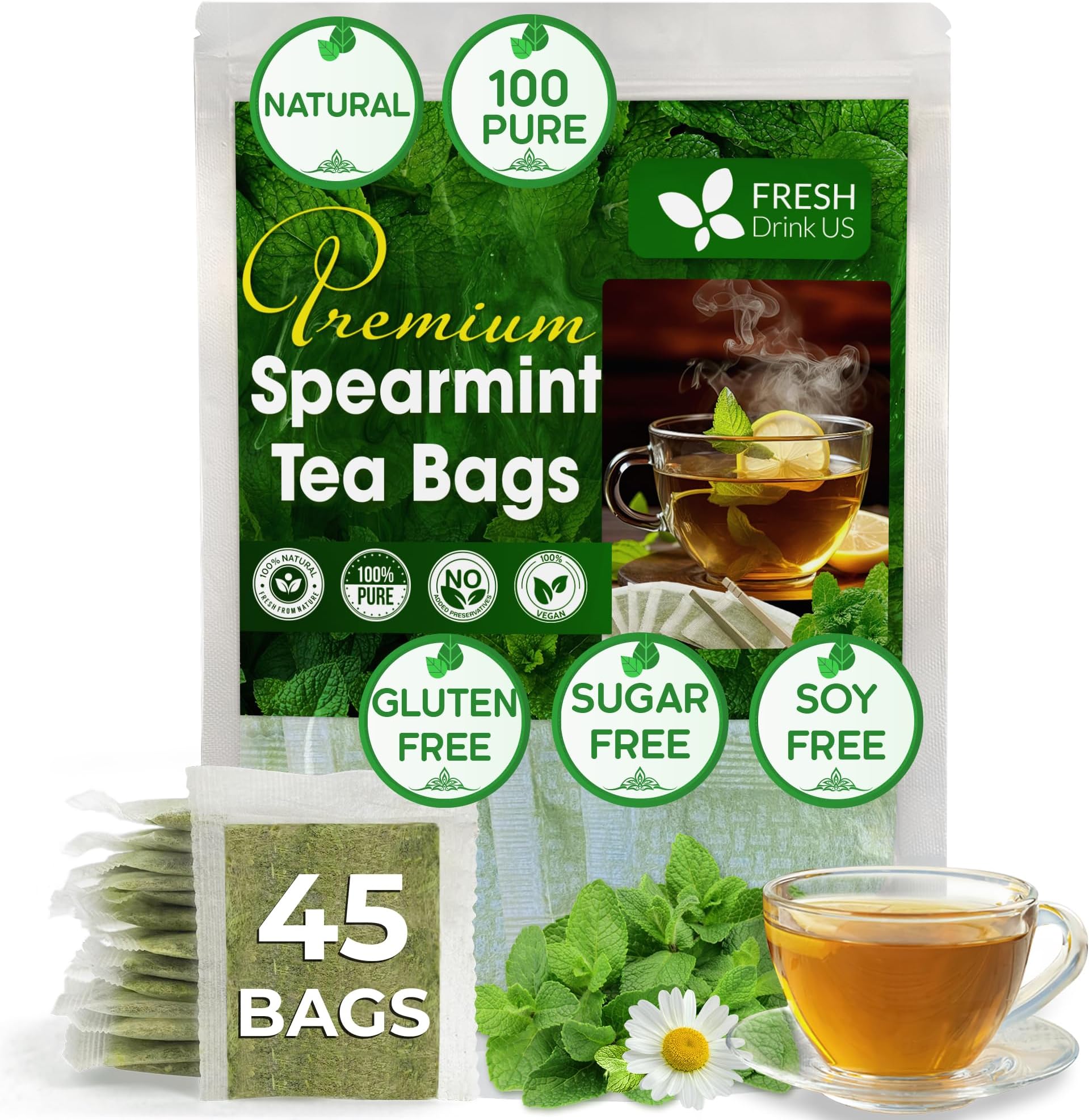 FreshDrinkUS, Premium 45 Spearmint Tea Bags, 100% Natural Spearmint Leaves. Loose Leaf Spearmint Herbal Tea. Spearmint Leaf Tea. No Sugar, No Caffeine, No Gluten, Vegan.