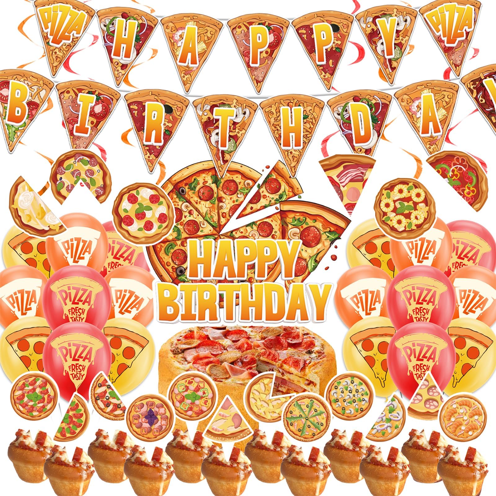 POMNUGPizza Party Decorations Includes Happy Birthday Banner Hanging Swirls Cupcake Toppers Cake Topper Balloons for Pizza Birthday Party Supplies