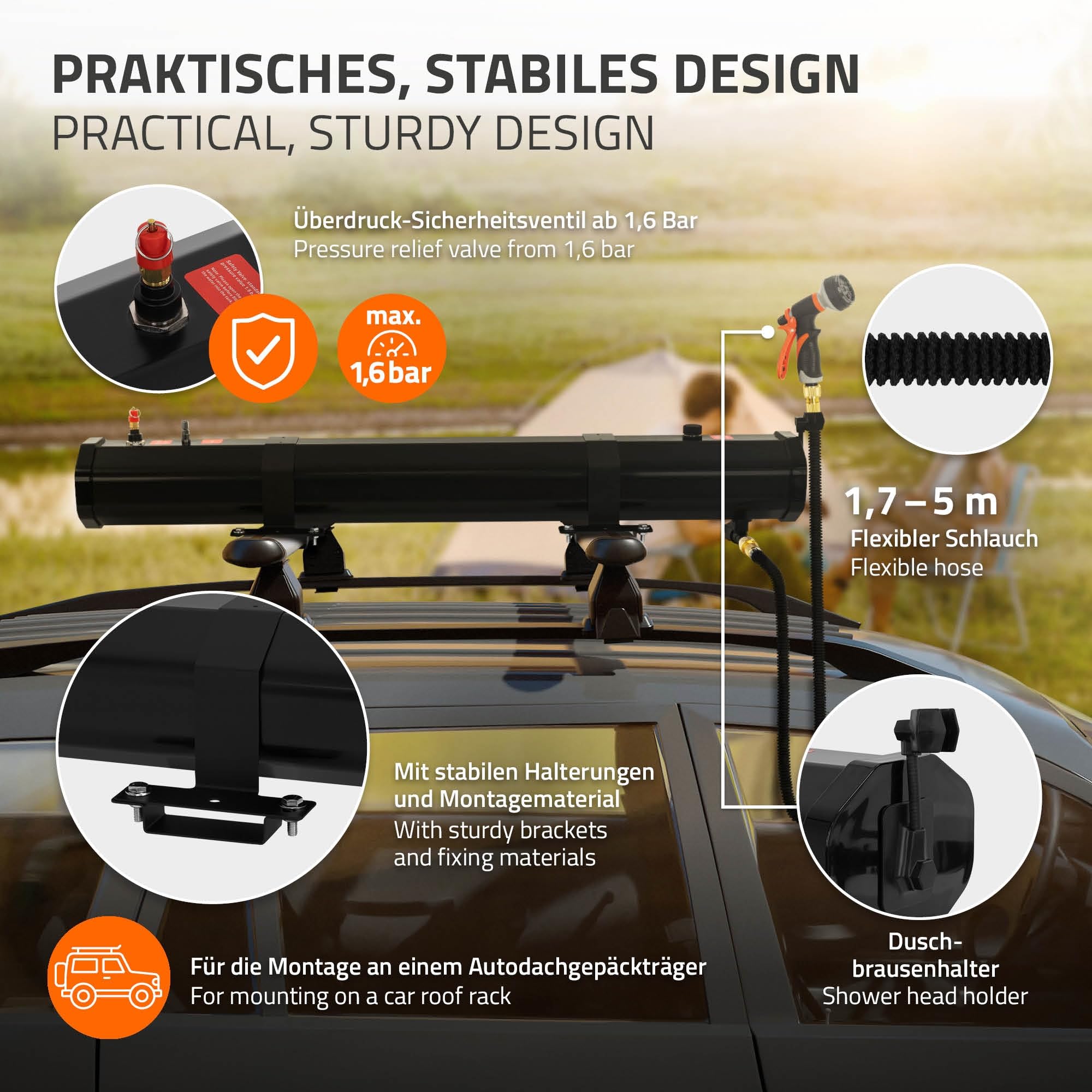 ML-Design Doccia Solare Campeggio 20L/30L per Tetto Auto, con Pompa e Doccetta, Riscaldamento Solare, Serbatoio Acqua Portatile con Sistema a Pressione, per SUV e Fuoristrada, Doccia Esterna Outdoor