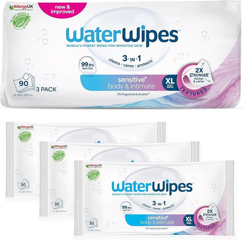 WaterWipes Sensitive+ Body & Intimate Wipes, Hygiène Corporelle et Intime, 90 lingettes (3 paquets), 3-en-1 nettoie, soigne, protège, 99,9% d'eau, lingettes humides non parfumées, Adult Care