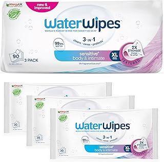 WaterWipes Sensitive+ Body & Intimate Wipes, 90 lingettes (3 paquets), 3-en-1 nettoie, soigne, protège, 99,9% d'eau, lingettes humides non parfumées, Adult Care