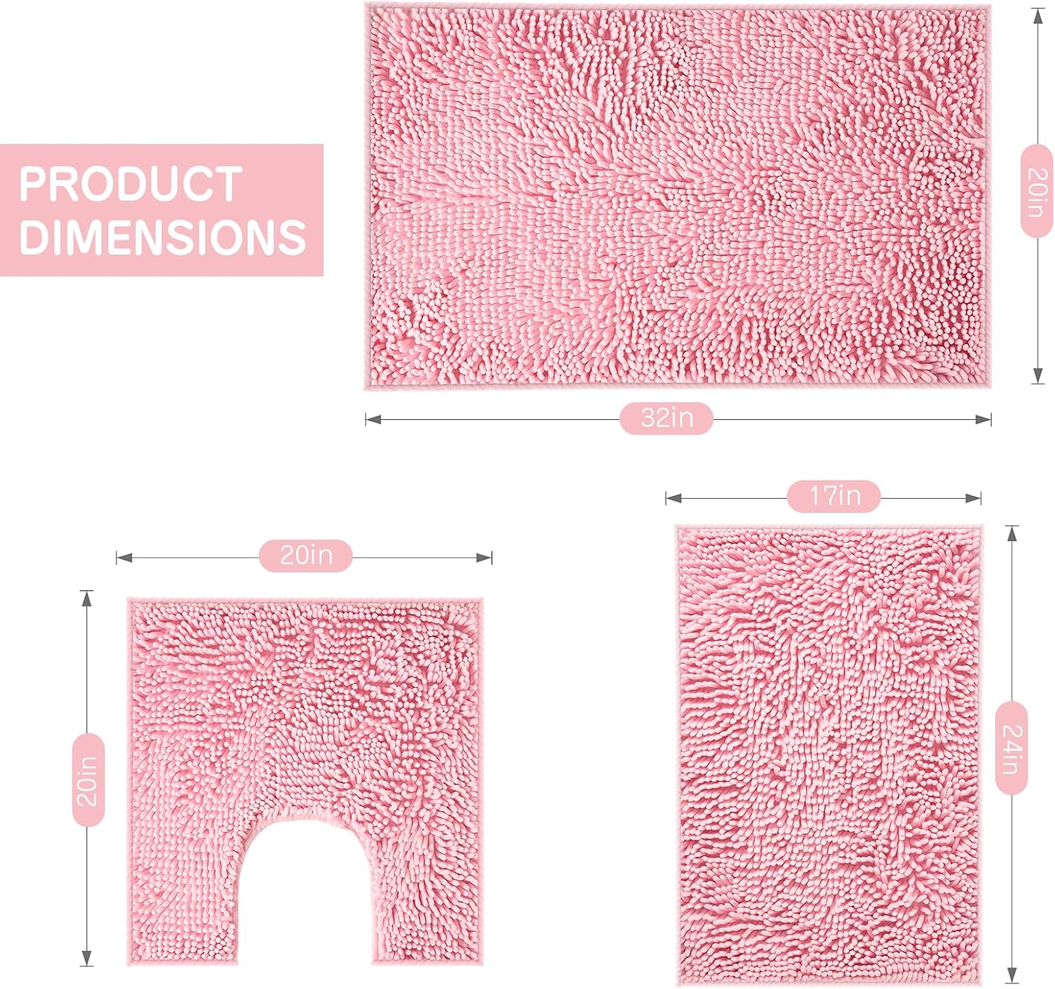 Pink Chenille Bathroom Rugs Set 3 Piece - Non Slip Absorbent Bath Mat for Shower, Quick Dry Machine Washable Floor Mats, Soft Plush, 17"x24"+20"x32"+U Shape 20"x20" Inch