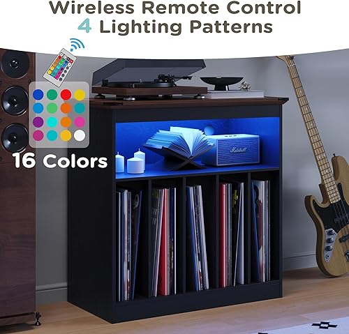 Miniatura 5 de MHOM Farmhouse - Soporte grande para tocadiscos con tomas de corriente y luces LED, soporte para discos de vinilo con capacidad para hasta 150