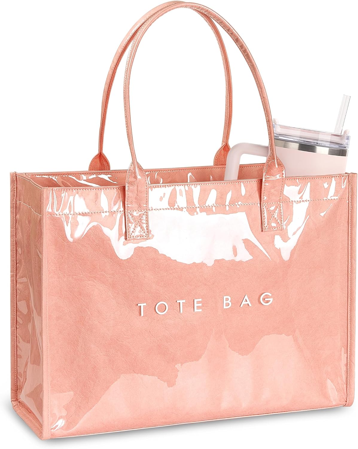 NPBAG PVC Tote Bag for Women, Kraft Paper Handbag Beach Tote with Letter Print, Top Handle Purse for Work Travel Shopping