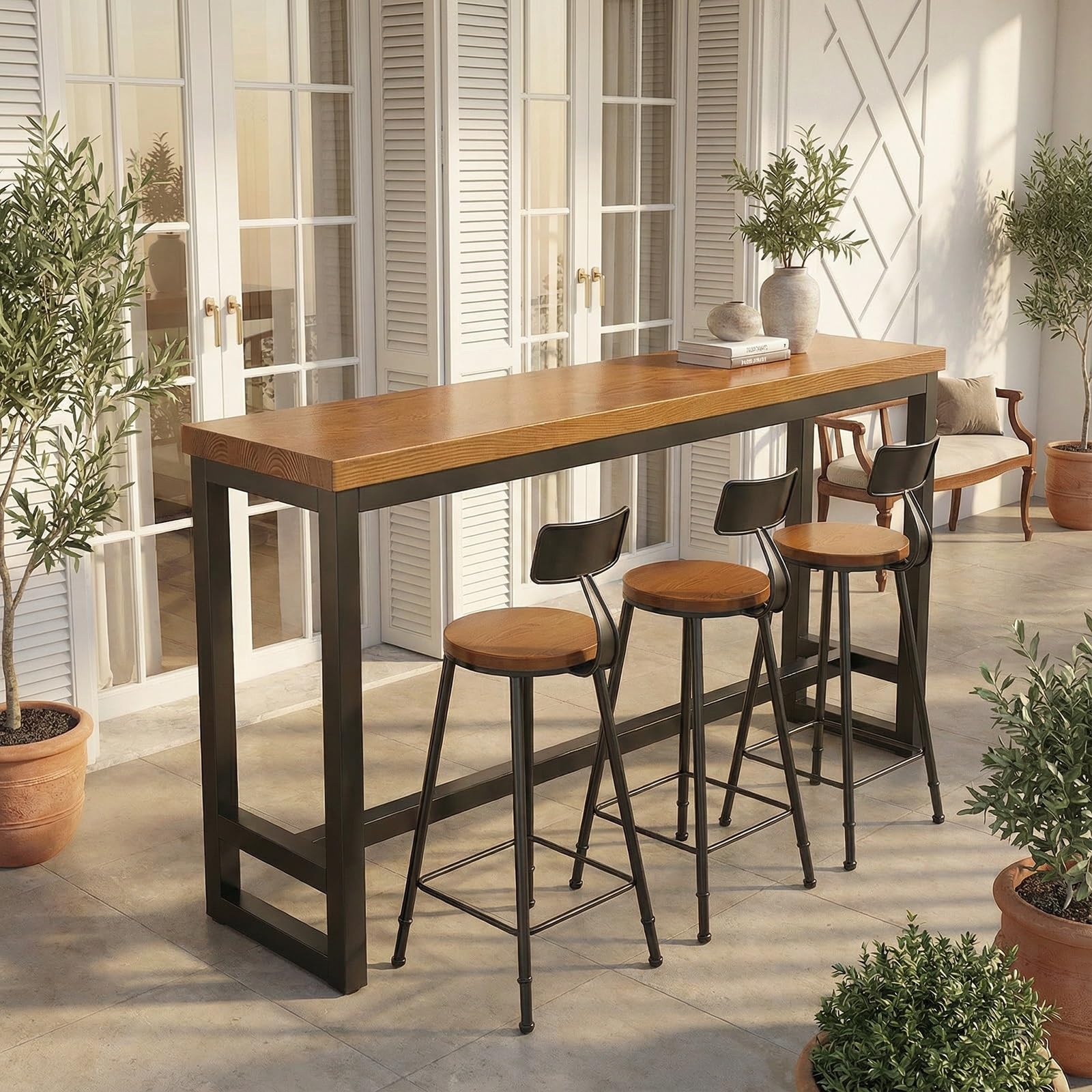 Mesa de bar de desayuno alta con marco de metal negro para cocina