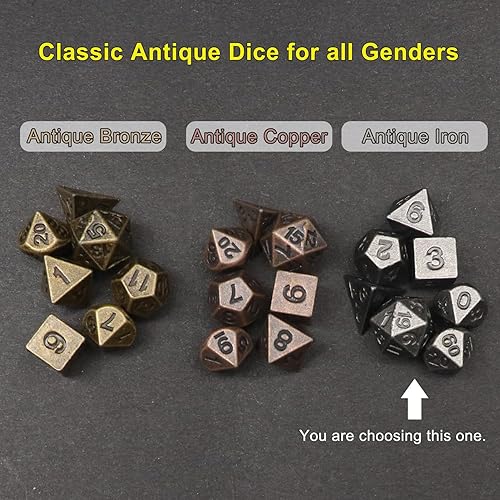 Miniatura 7 de Haxtec Juego de dados pequeños de metal DND con estuche de dados portátil de hierro antiguo para llavero