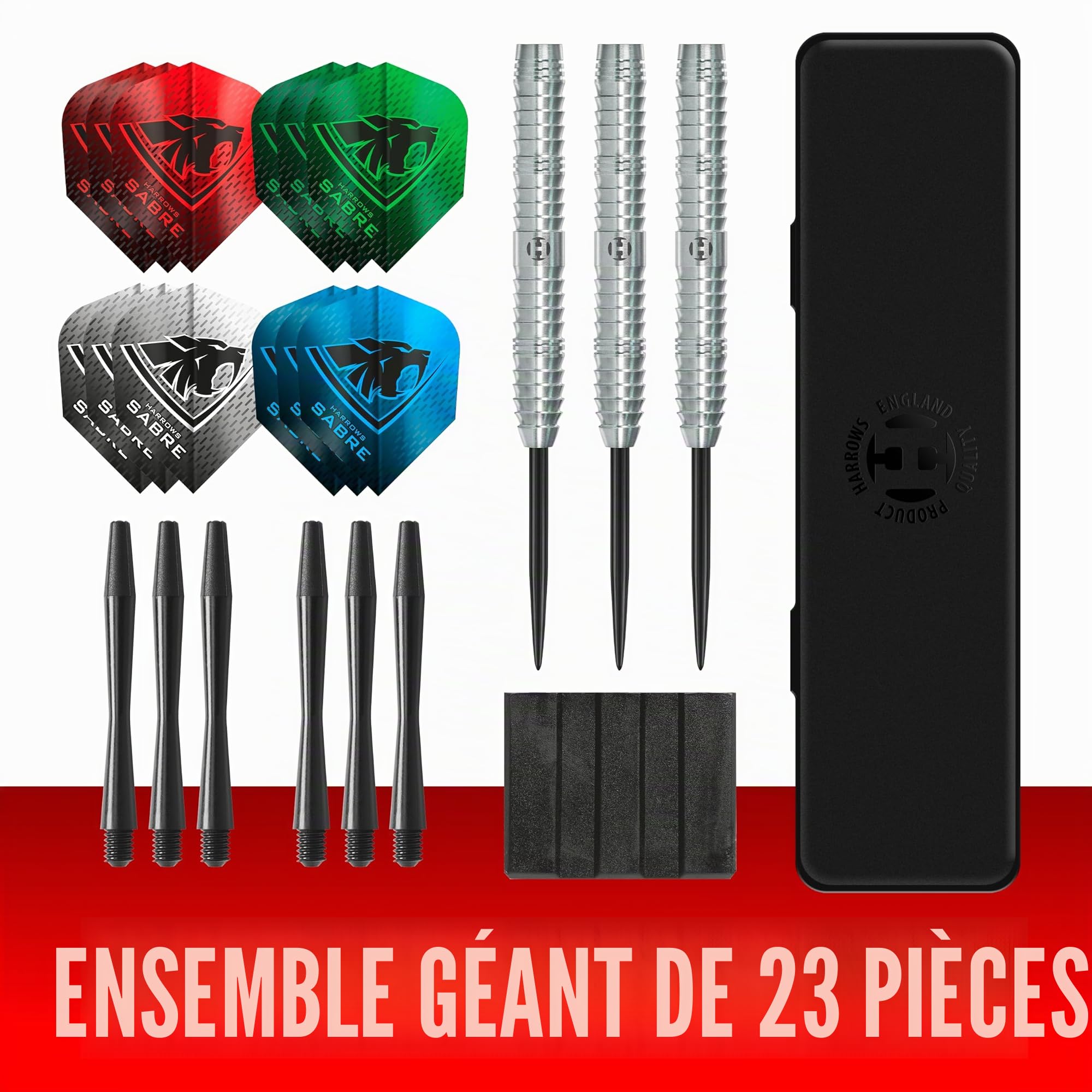 Harrows Sabre Fléchettes à pointe en acier en tungstène 90 % – précision professionnelle 21 g à 26 g | Lot de 23 pièces avec tiges de rechange, ailettes Marathon et étui de transport | Qualité de