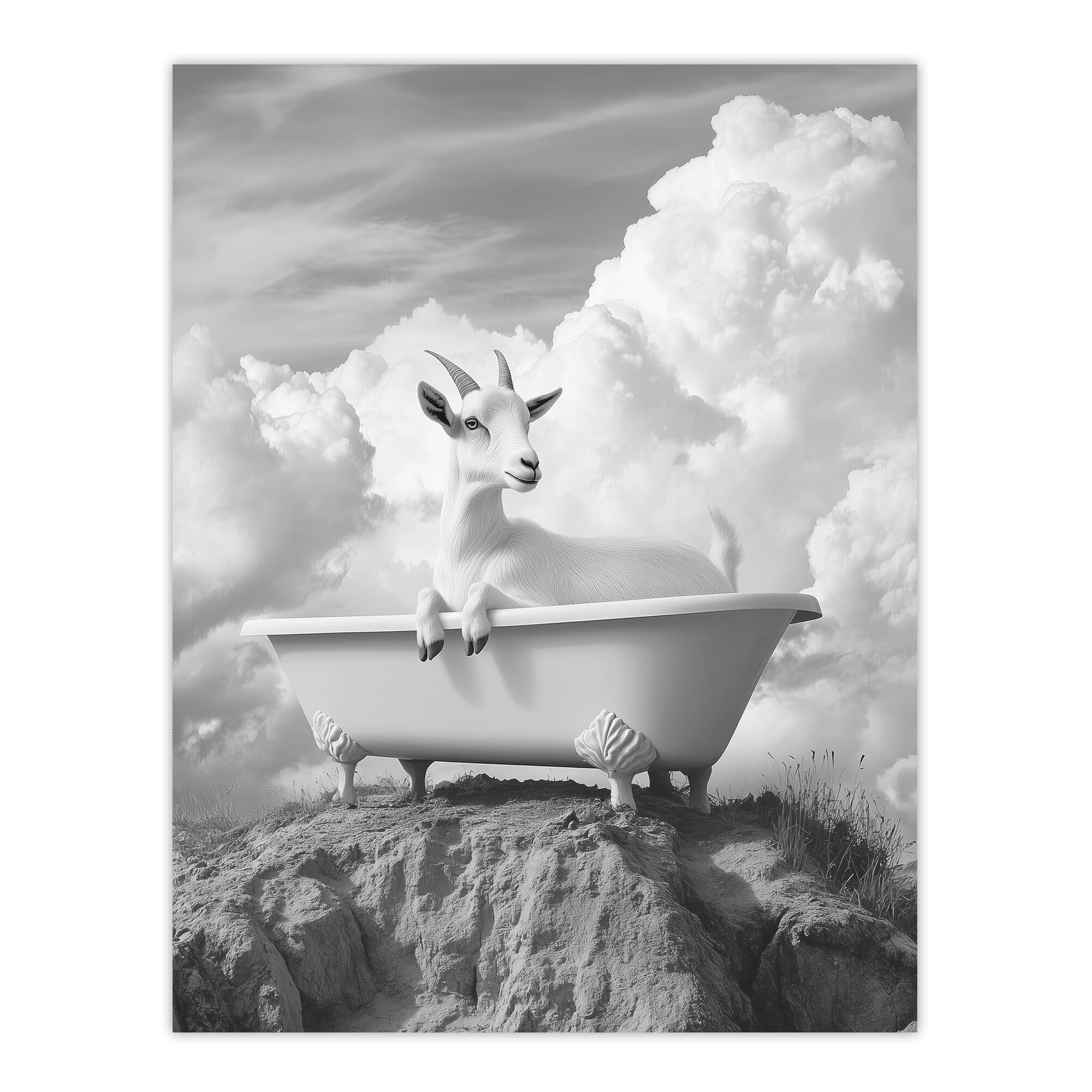 Artery8 Goat in a Bathtub on a Hill Black White Surreal Bathroom Toilet Large Wall Art Poster Print Thick Paper 18X24 Inch