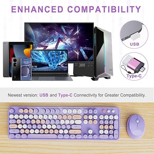 Vista 124 de Combo de teclado y mouse inalámbricos, colorido teclado ergonómico de tamaño completo con diseño retro, silencioso, con teclas bonitas, compatible