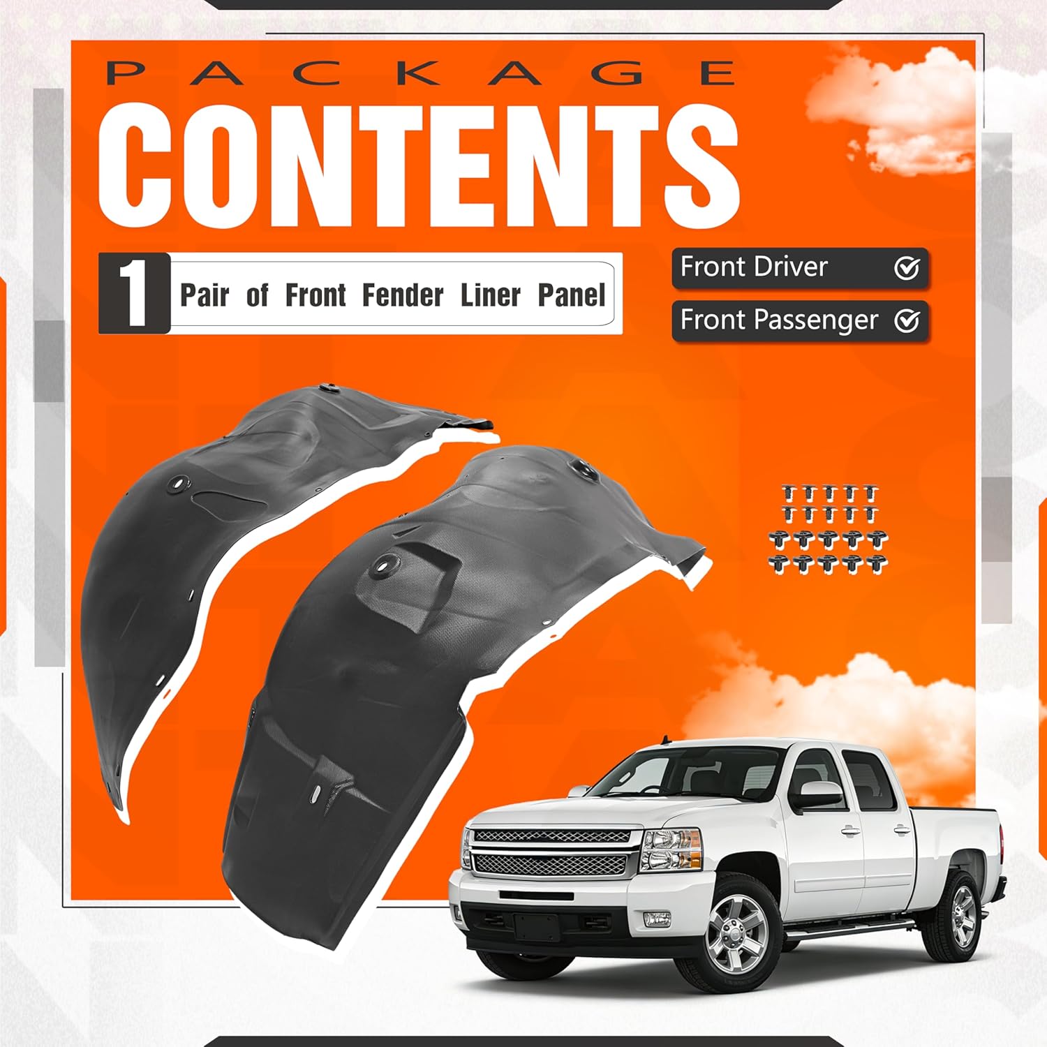 ECOTRIC Front Fender Liner Panel W/Clips Compatible with 2007-2013 Chevrolet Silverado 1500, Inner Wheel Liner Splash Shields Guard Plastic(PE) Black